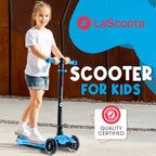 Lascoota 3-Wheel Kids Scooter - Removable Seat, Adjustable Handlebar, Light-Up Wheels & Lean-to-Steer for Toddler Scooter - Blue