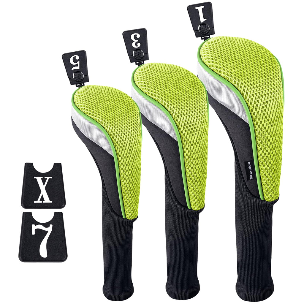 Andux 3Pcs/Set Golf 460Cc Driver Wood Club Head Covers Long Neck With Interchangeable No. Tags Green