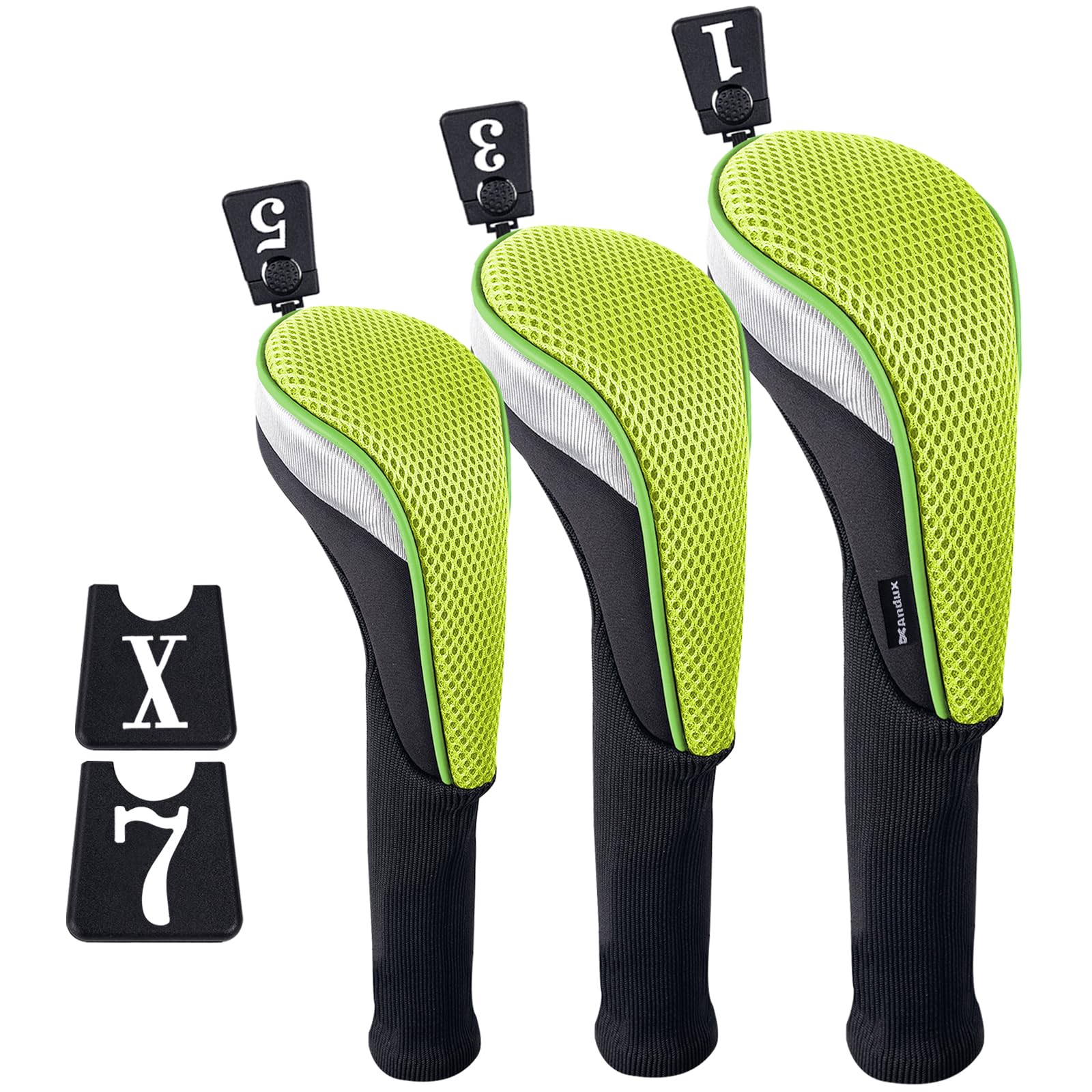 Andux 3Pcs/Set Golf 460Cc Driver Wood Club Head Covers Long Neck With Interchangeable No. Tags Green