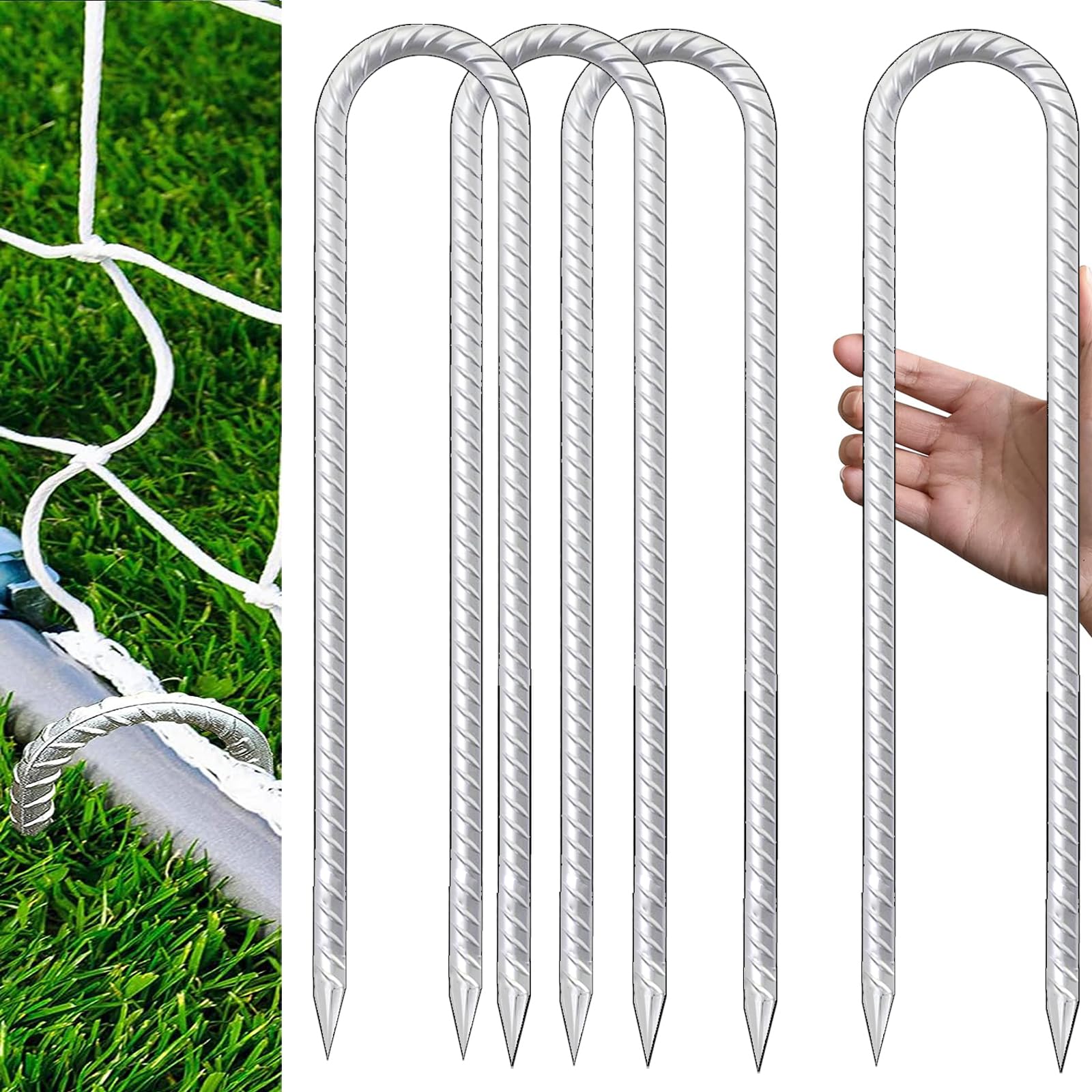 Trampolines Wind Stakes 4 Pack 12 Inch, U Shaped Rebar Stakes Heavy Duty, Safety Ground Anchor Galvanized Steel Wind Stakes For