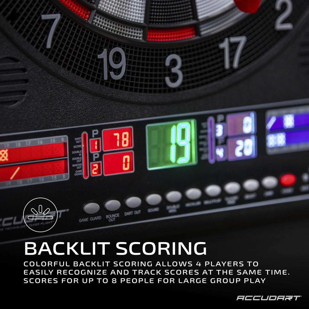 Accudart Apollo Electronic Dartboard Cabinet - 38 Game Modes - 137 Game Variations - Advanced Features - Colorful Backlit Scorin