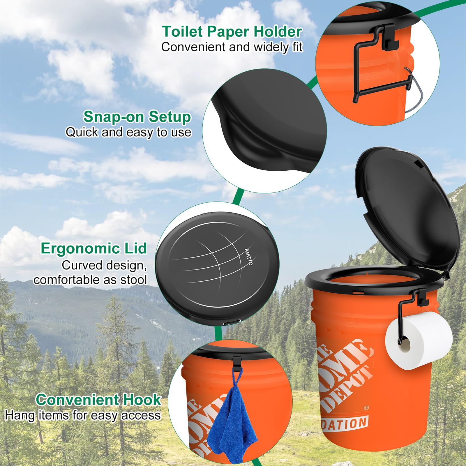 Portable Toilet Seat For 5 Gal Buckets, Camping Toilet With Lid For Adults, Snap-On Toilet Seat For Outdoor, Camping, Hiking, Em