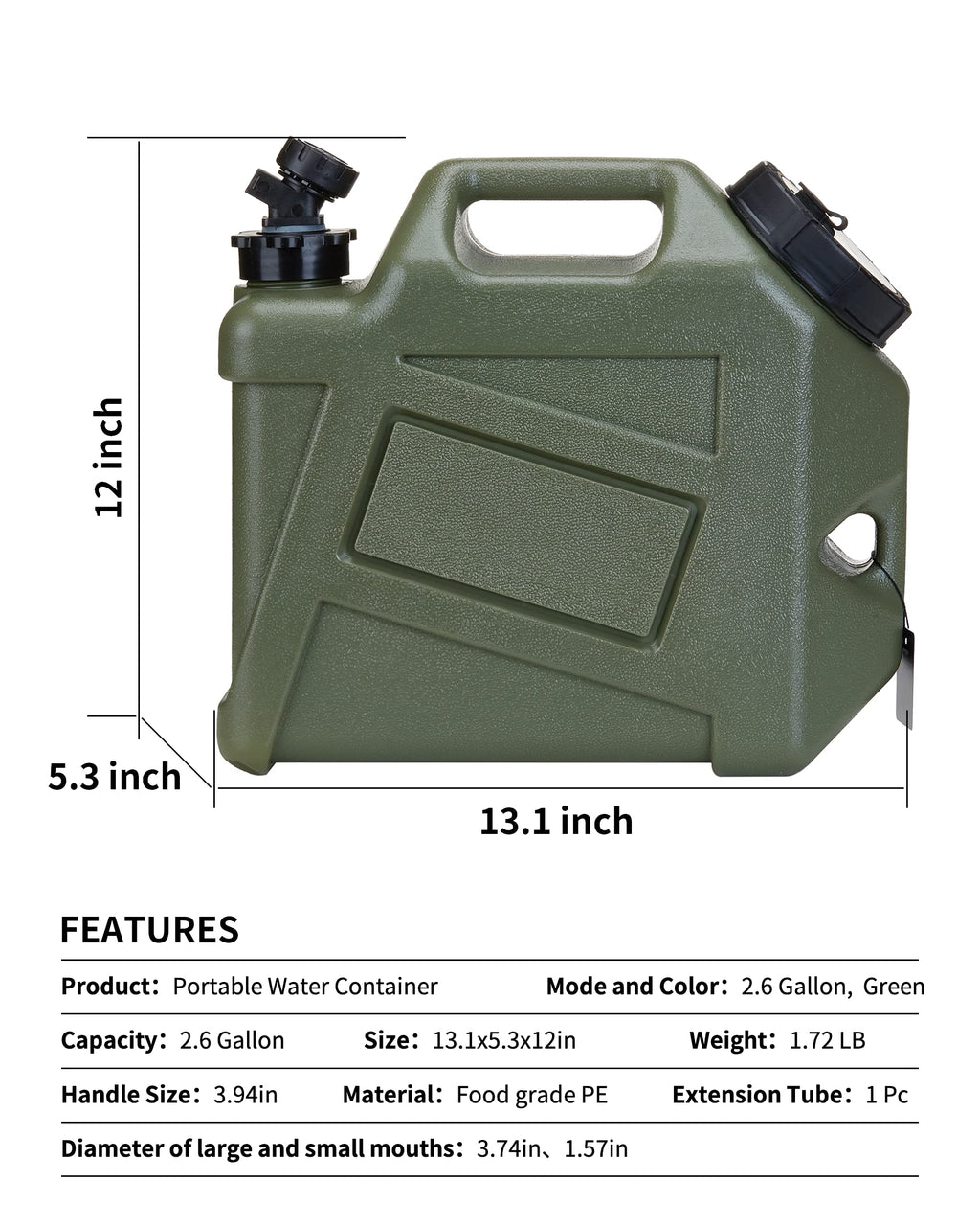 Upwoigh Camping Water Container, 2.6 Gallon Water Containers Jug, Truly No Leakage Water Storage, Military Green Water Tank,Bpa