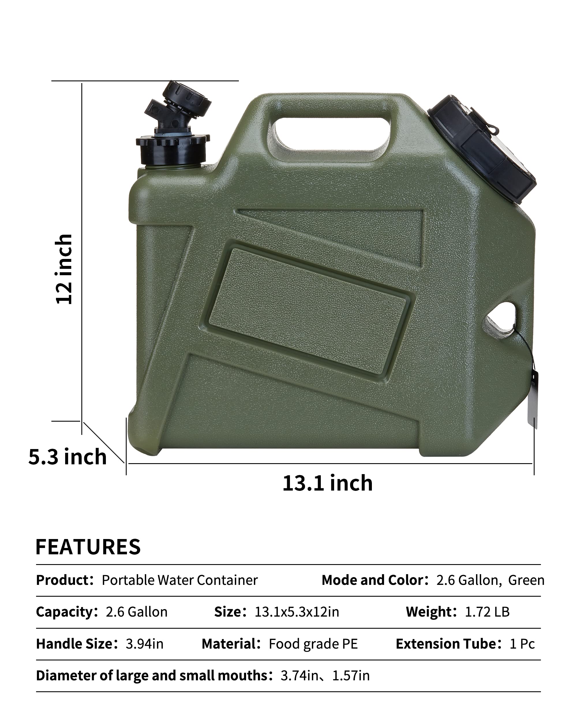 Upwoigh Camping Water Container, 2.6 Gallon Water Containers Jug, Truly No Leakage Water Storage, Military Green Water Tank,Bpa