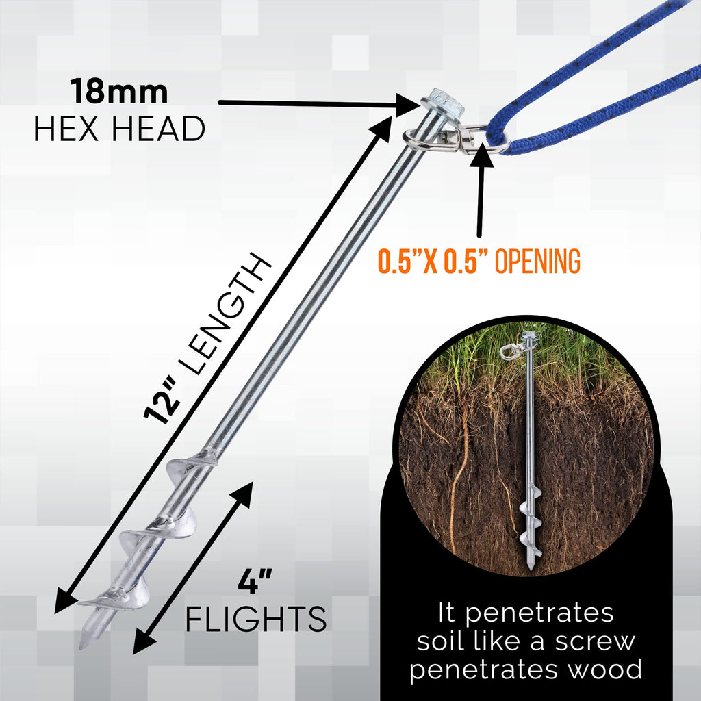 Ground Anchors Screw In - 12 Inch Set Of 4 - Tent Stakes Heavy Duty - Trampoline Anchor Kit - Earth Anchor - Swing Set Anchors F