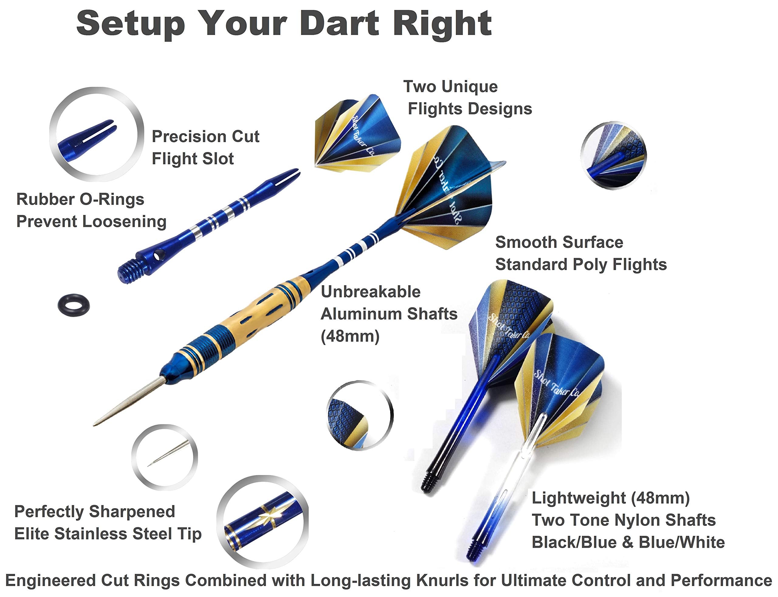 Shot Taker Co. Est. 2017 6Pc Steel Tip Darts Set - Professional Darts For Dartboard - Includes Barrels + Plastic/Aluminum Shafts