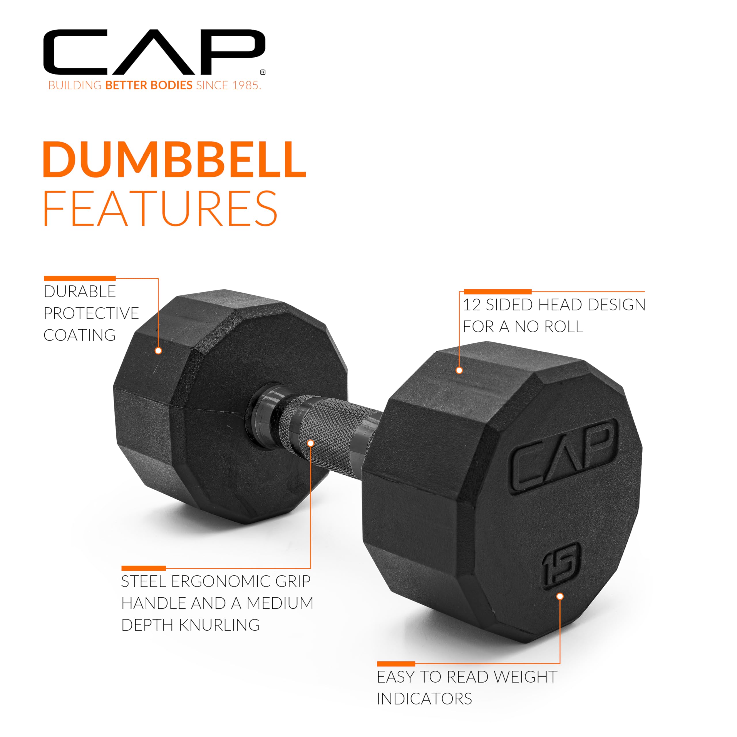 CAP Barbell 12-Sided Coated Dumbbell with Black Handle, Pair, 15 LB