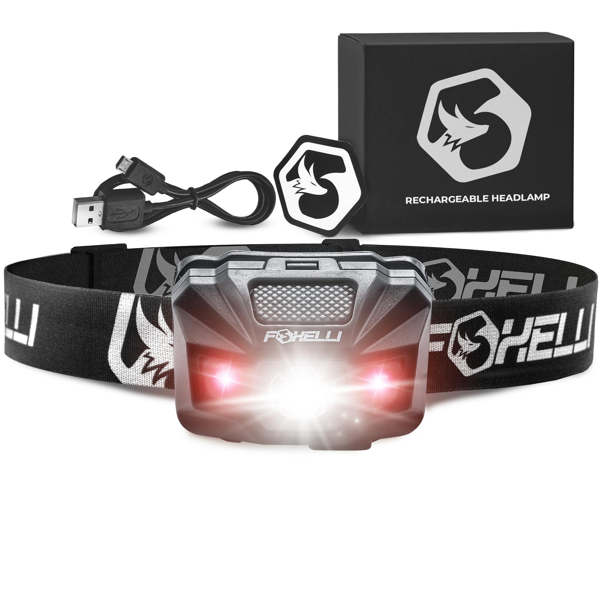 Foxelli Rechargeable LED Headlamp - Ultralight, Waterproof, and USB Rechargeable Headlamp with Red Light for Running, Camping, H