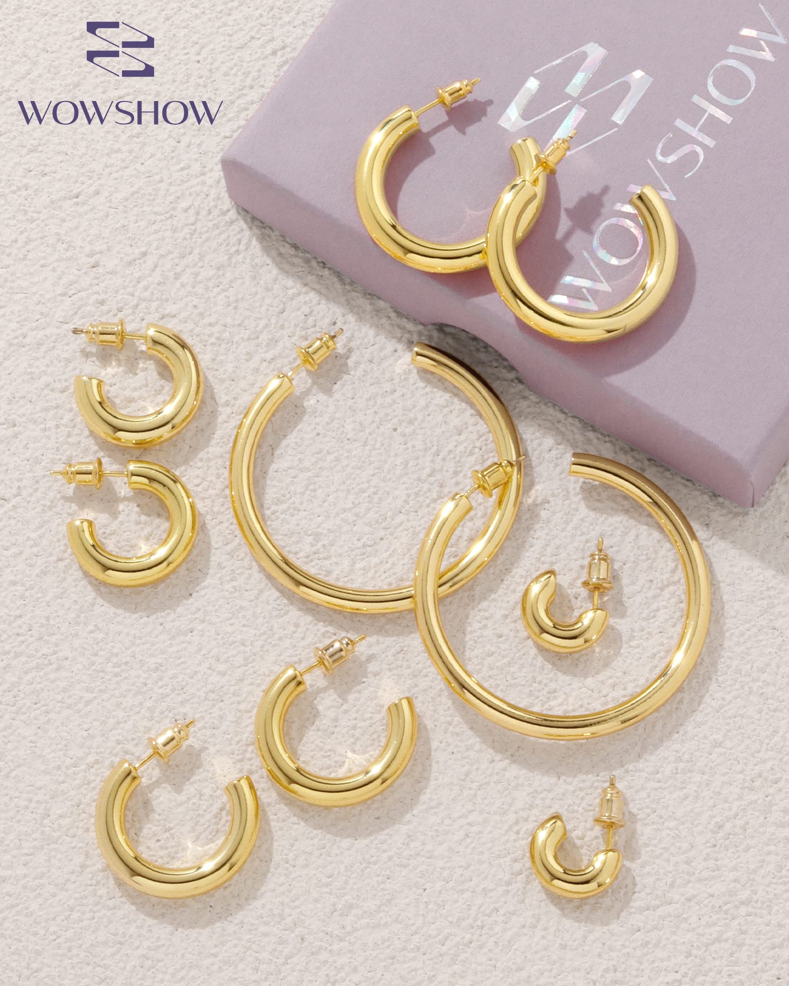 Wowshow Chunky Gold Hoop Earrings, Small Gold Hoop Earrings For Women 14K Real Gold Plated 20Mm Thick Open Hoops Lightweight