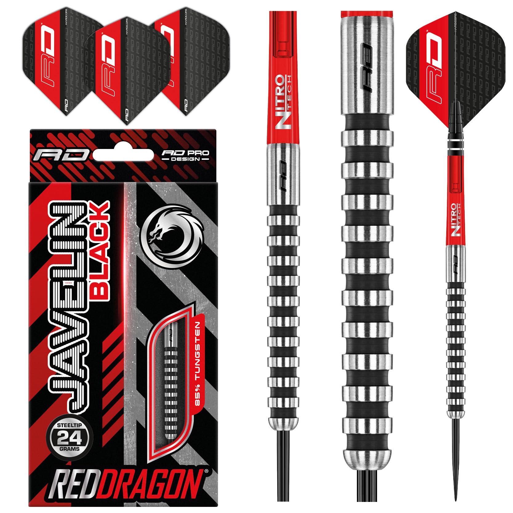 Red Dragon Javelin Black 24G Tungsten Darts Set With Flights And Stems