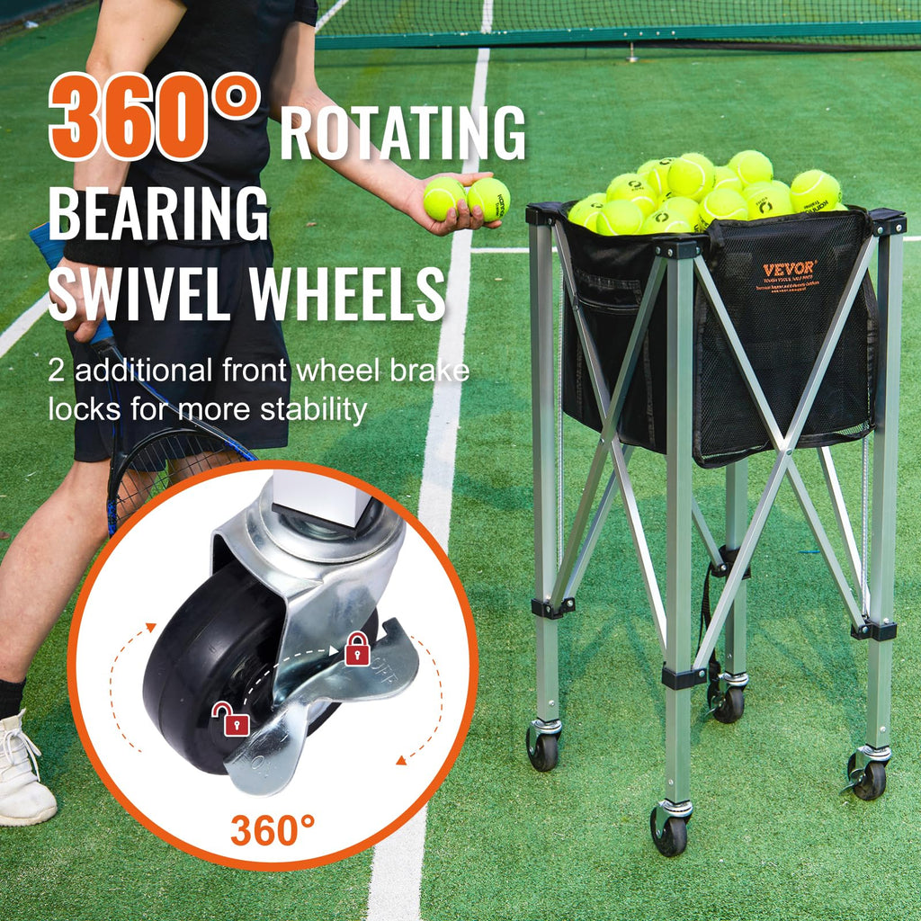 Vevor Foldable Tennis Ball Hopper, Holds 150 Tennis Balls, Lightweight Aluminum Alloy Tennis Ball Basket Cart With Wheels, Remov
