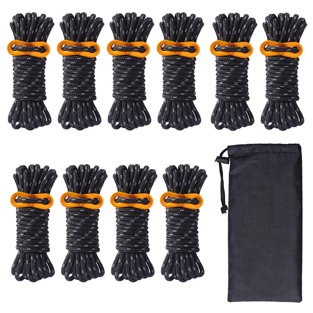 Hikeman 10 Pack 4Mm Camping Rope Reflective Outdoor Guy Lines With Aluminum Guyline Adjuster Tensioners Nylon Tent Tie Downs For