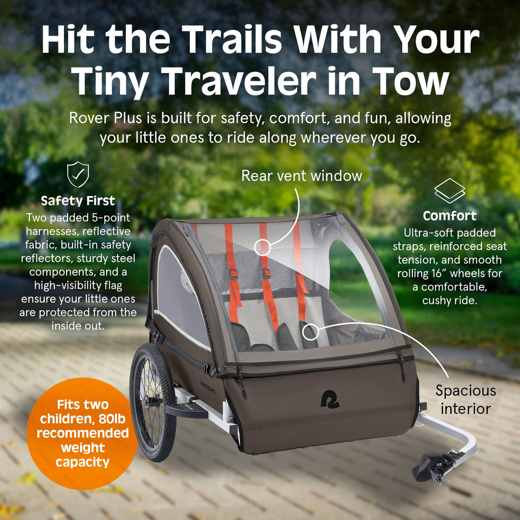 Retrospec Rover Plus Bike Trailer for Kids - Foldable Single/Double Passenger Design with 5-Point Safety Harness, Weather-Resist