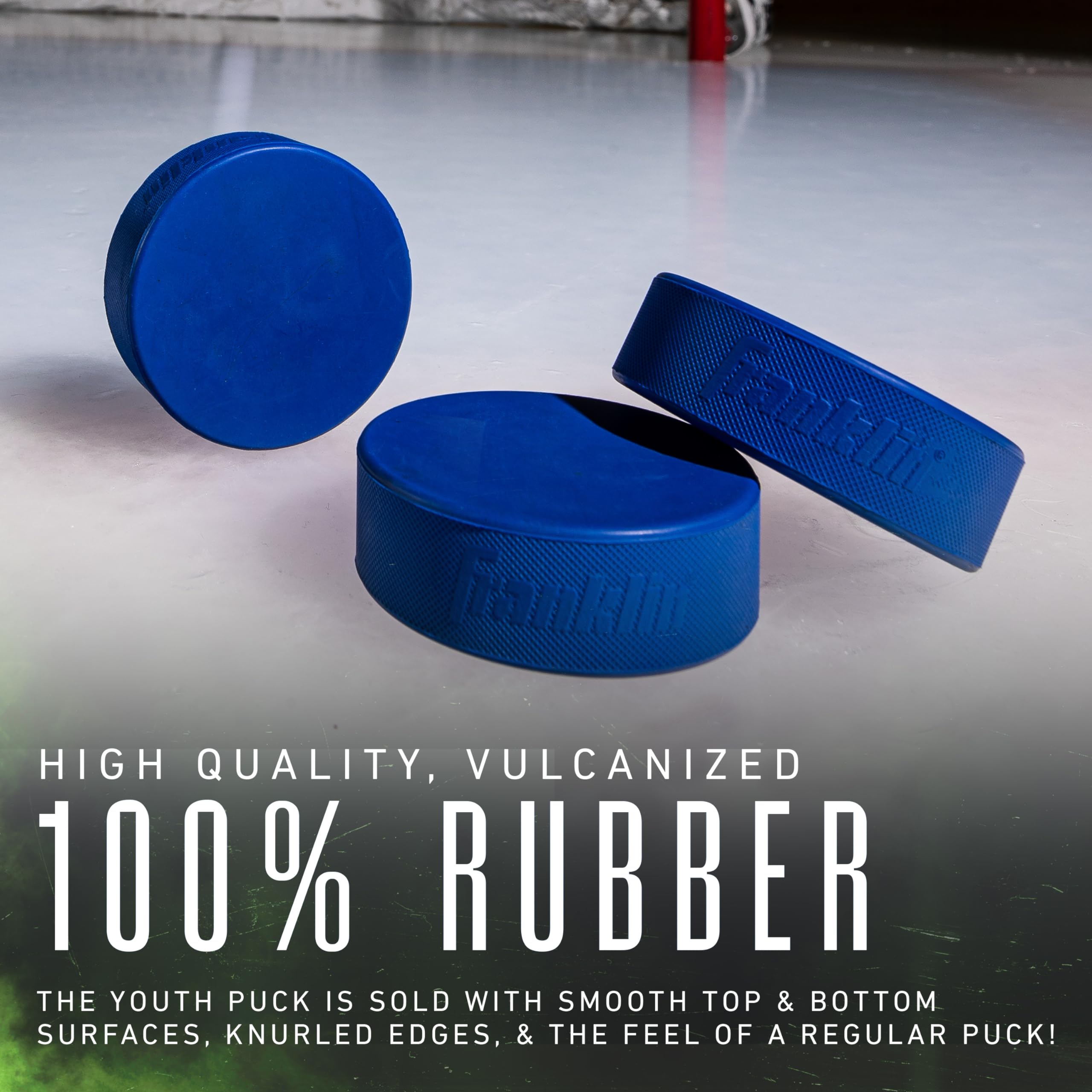 Franklin Sports Ice Hockey Pucks - Blue Rubber Pucks For Ice Hockey - Official Size + Weight - Perfect For Rinks + Synthetic Pad
