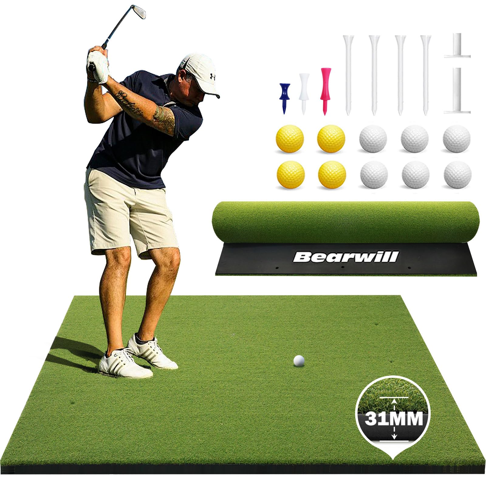 Bearwill Golf Mat 31Mm, 5Ft X 5Ft Golf Hitting Mat For Indoor Outdoor Practice, High-Elasticity Elite Artificial Grass Simulator