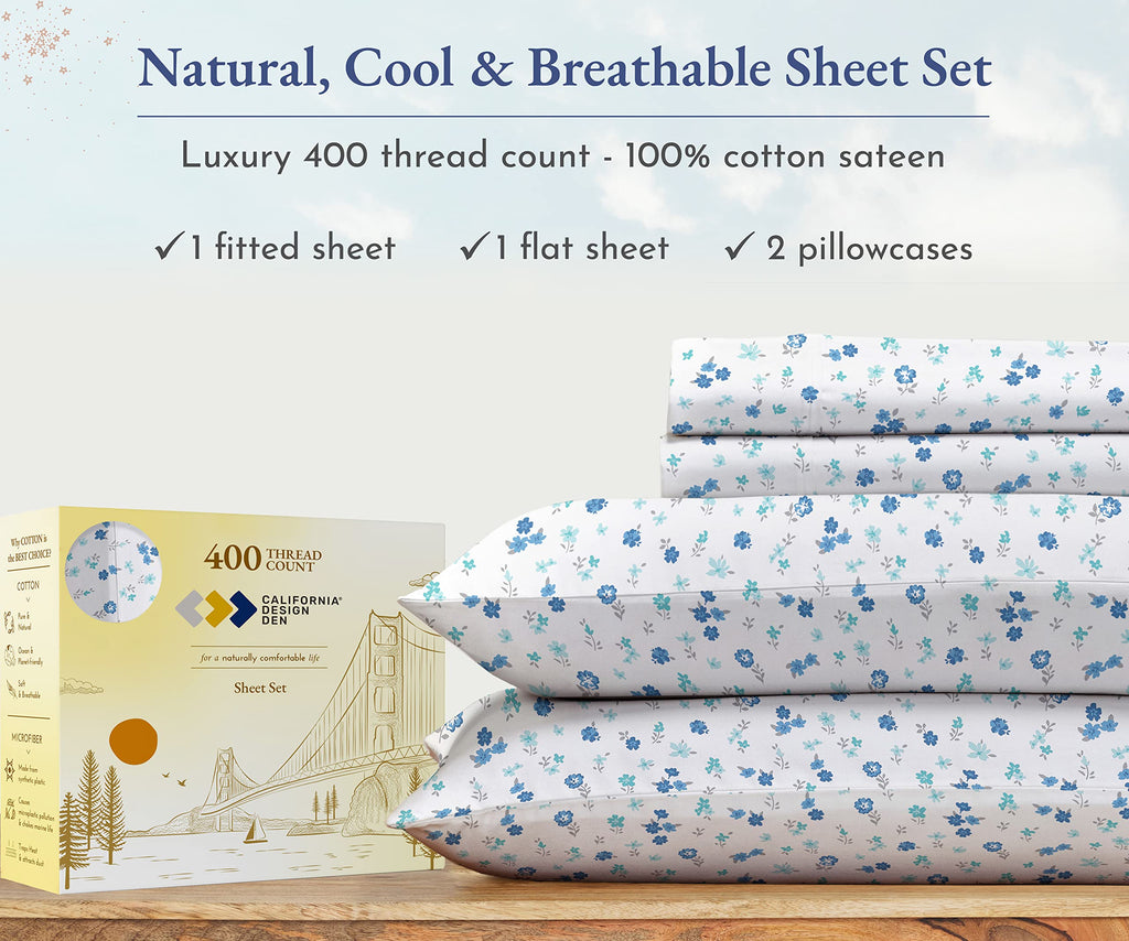 California Design Den Floral Sheets Pattern Full Sheet Set, Luxury 400 Thread Count 100 Cotton Sheets, 4 Pc Deep Pocket Full She