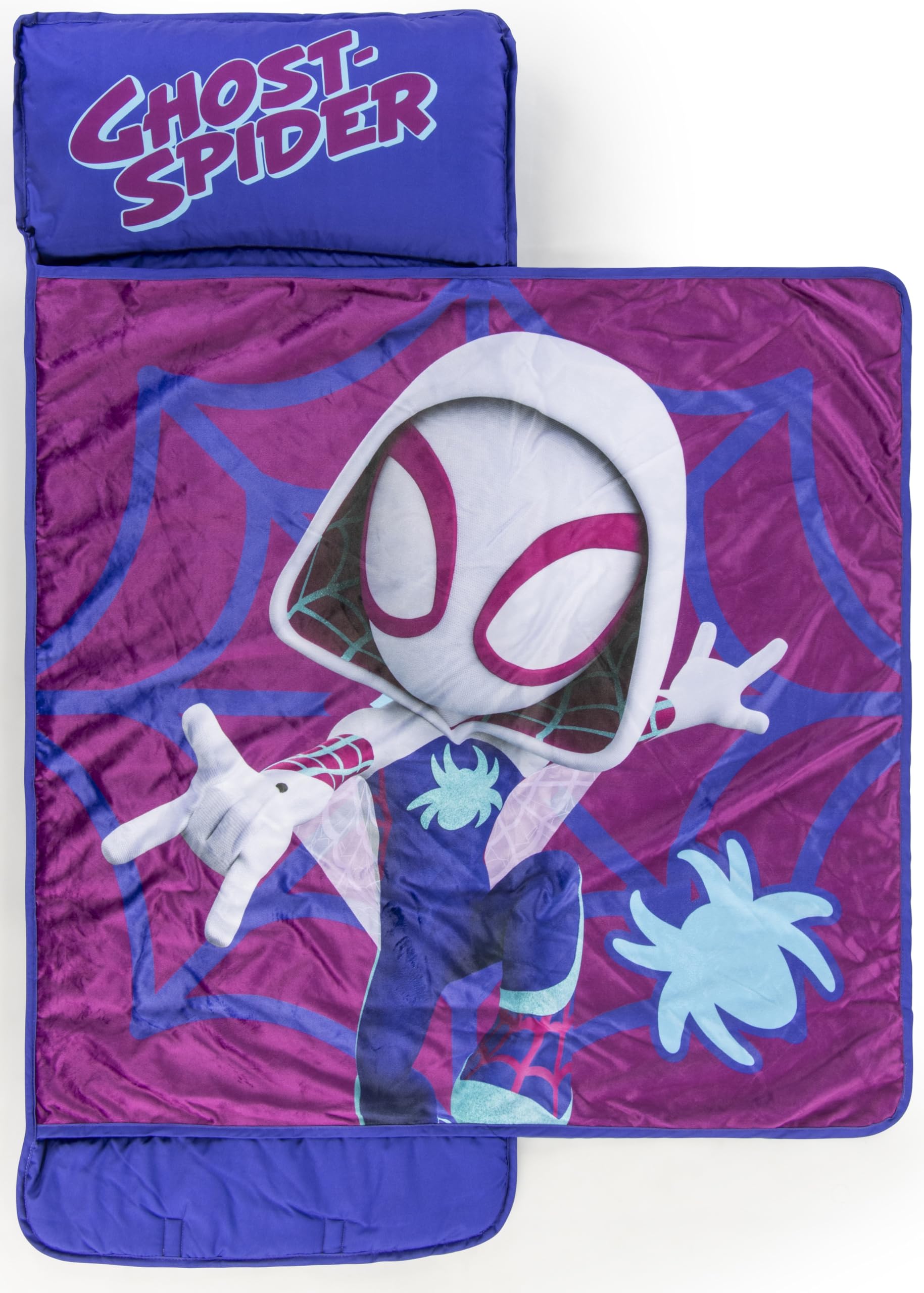 Jay Franco Kids Nap Mat with Embedded Pillow & Blanket - Soft 46x20 Microfiber Sleeping Bag with Name Tag & Handle Purple - Ghos