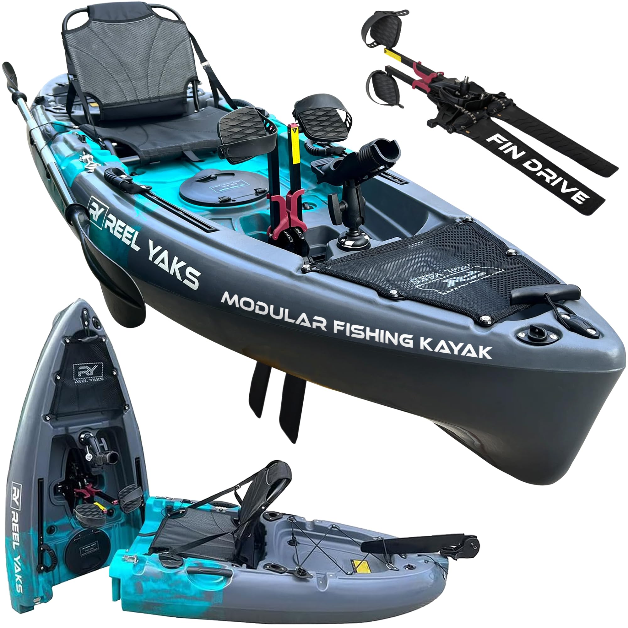 Reel Yaks Raptor Modular Fishing Kayak - 9.5ft Lightweight Fin Drive, Sit On Top Kayak for Adults & Youth - Stable & Portable, I