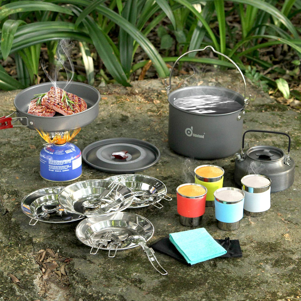 Odoland 22Pcs Camping Cookware Mess Kit, Large Size Hanging Pot Pan Kettle With Base Cook Set For 4, Cups Dishes Forks Spoons Ki