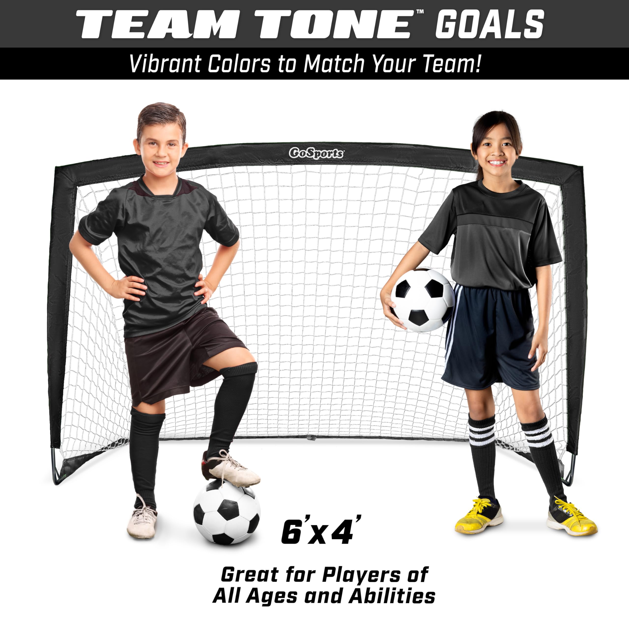 GoSports Team Tone 6 ft x 4 ft Portable Soccer Goal for Kids - Pop Up Net for Backyard - Black