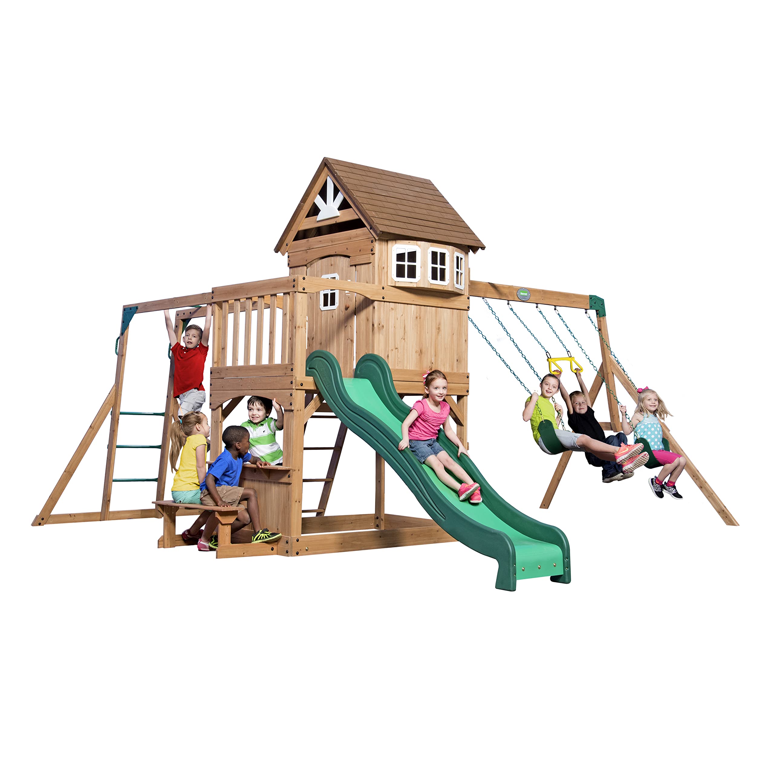 Backyard Discovery Montpelier Cedar Wood Swing Set with Wave Slide,Clubhouse, Monkey Bars, Picnic Area, Snack Bar, Belt Swings, 