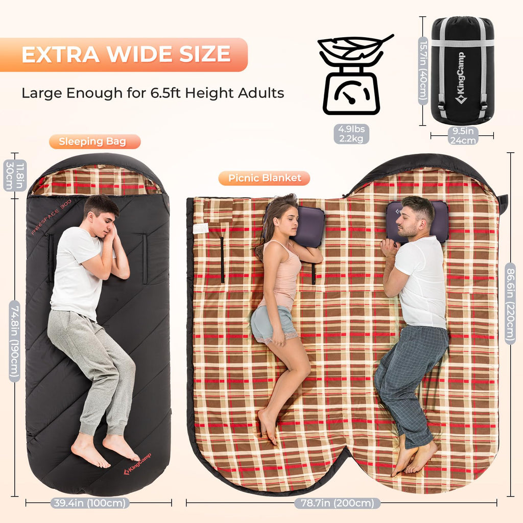 Kingcamp Sleeping Bags, Extra Wide Flannel Sleeping Bag For Adults, Lightweight, Portable, Big And Tall Wearable Sleeping Bag Fo