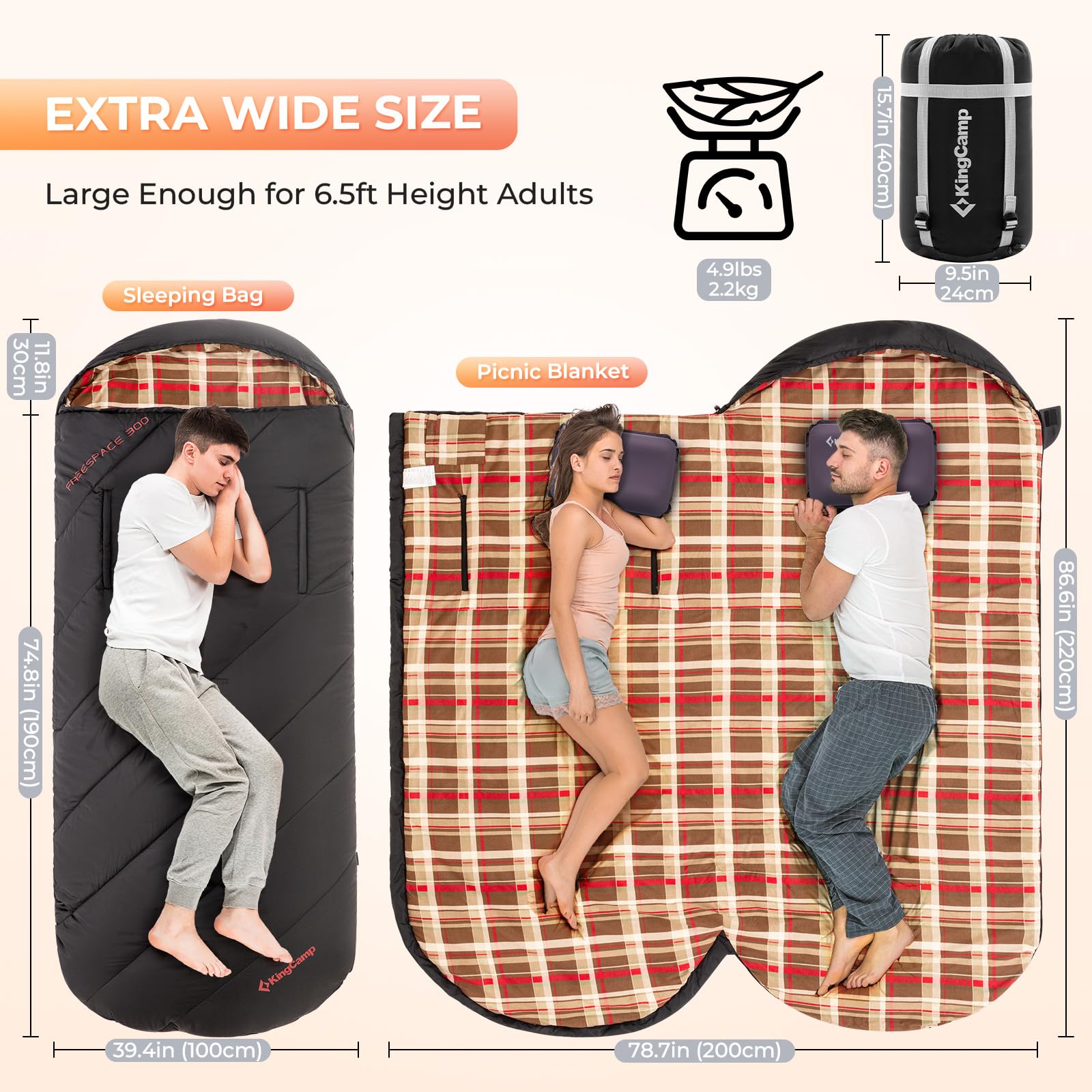Kingcamp Sleeping Bags, Extra Wide Flannel Sleeping Bag For Adults, Lightweight, Portable, Big And Tall Wearable Sleeping Bag Fo
