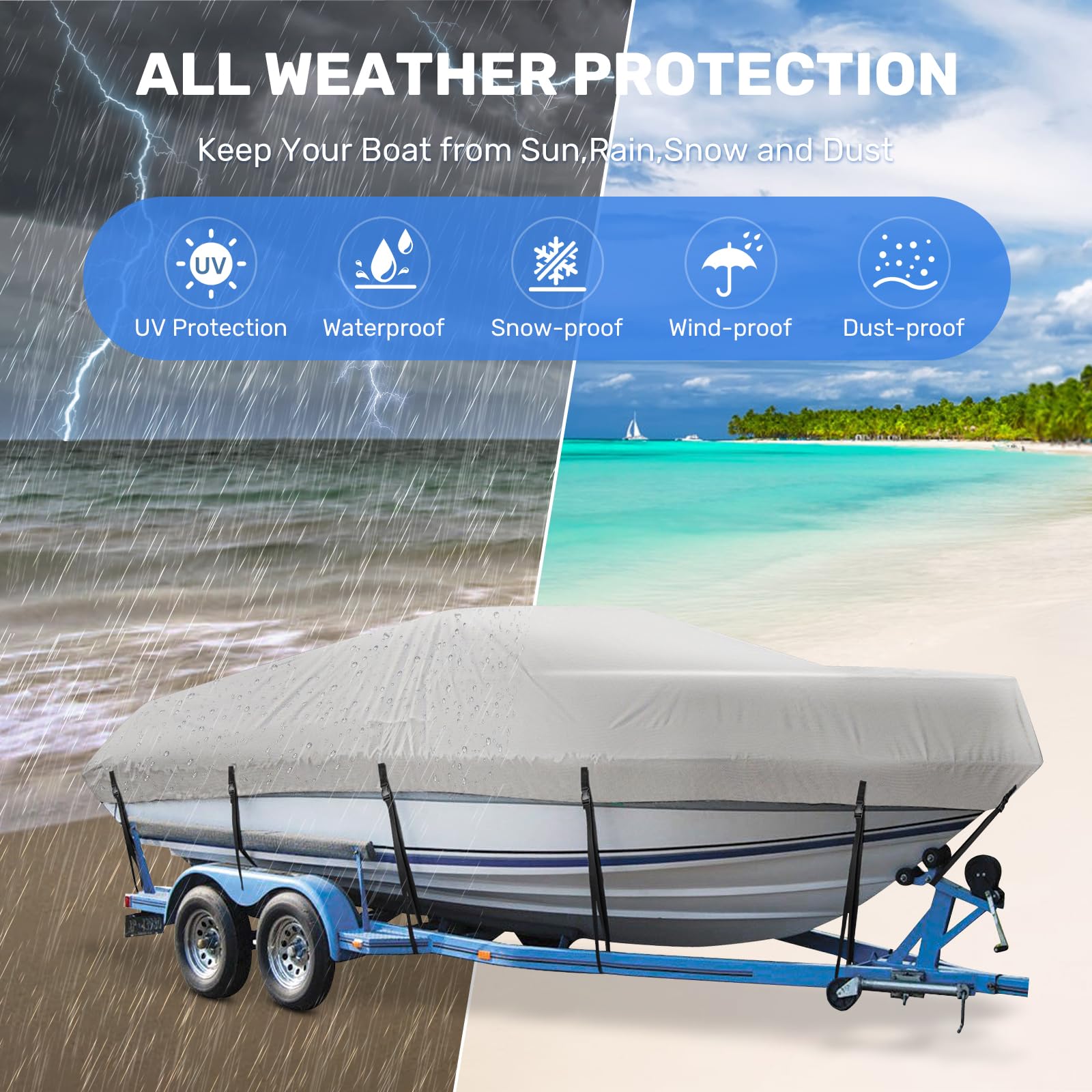 Mancro Bass Boat Cover 16-18.5Ft, Trailerable Waterproof Boat Covers, Fits V-Hull, Tri-Hull, Runabout Bowrider & Fishing Boats,