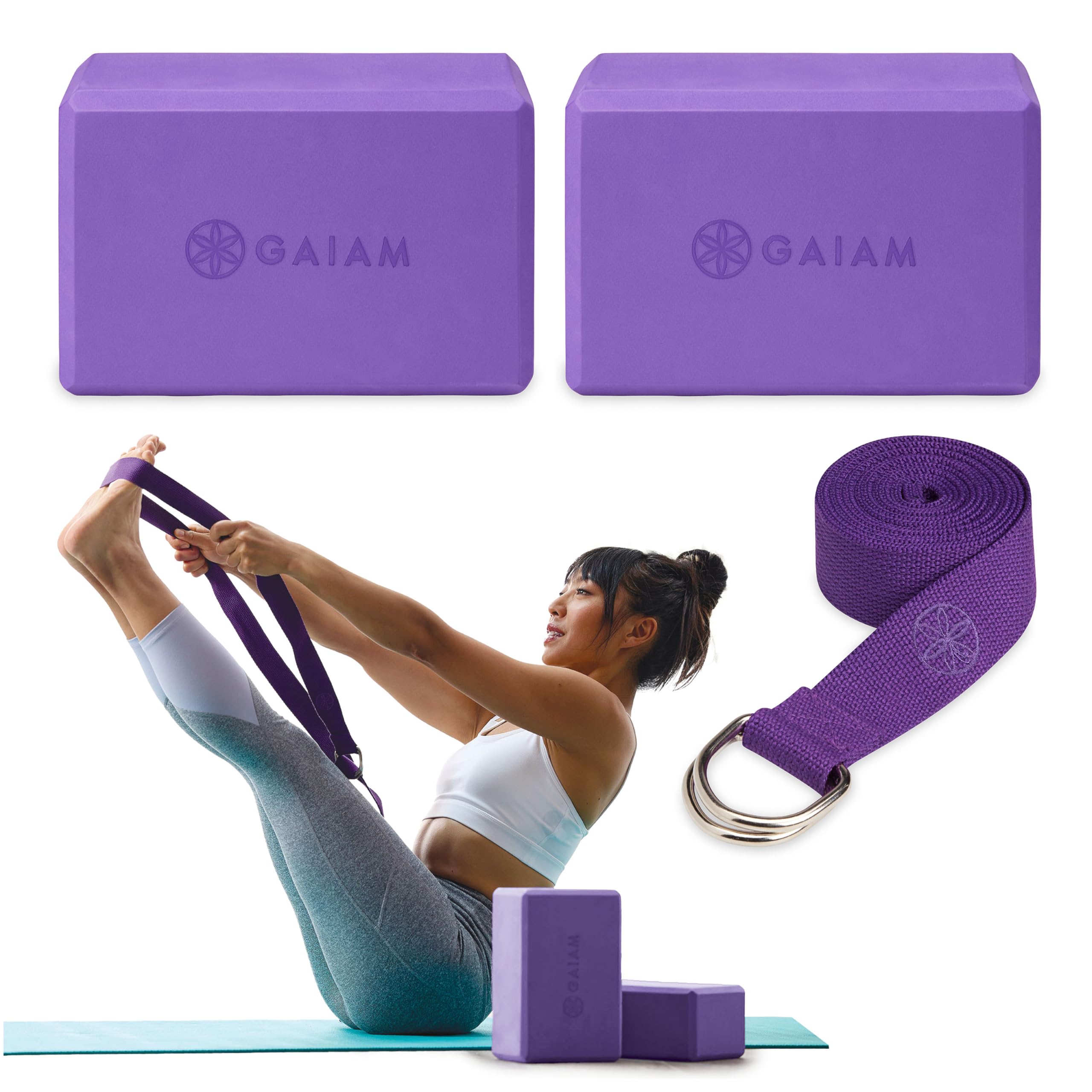 Gaiam Essentials Block/Strap, 2pk Combo Deep Purple, 9 W x 6 H x 4 D