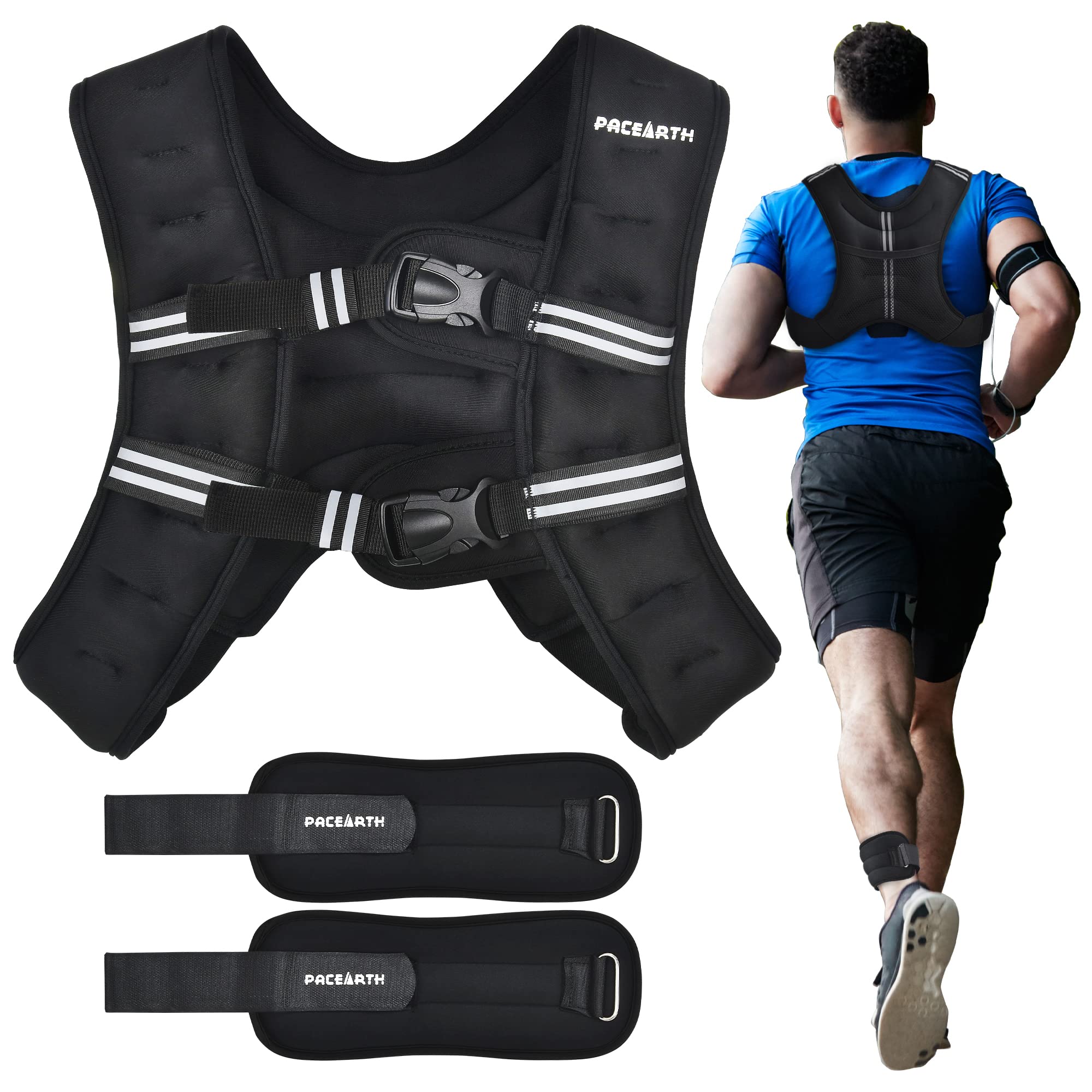Pacearth Weighted Vest With Ankle/Wrist Weights 6Lbs-30Lbs Body Weight Vest With Reflective Stripe, Size-Adjustable Workout Equi