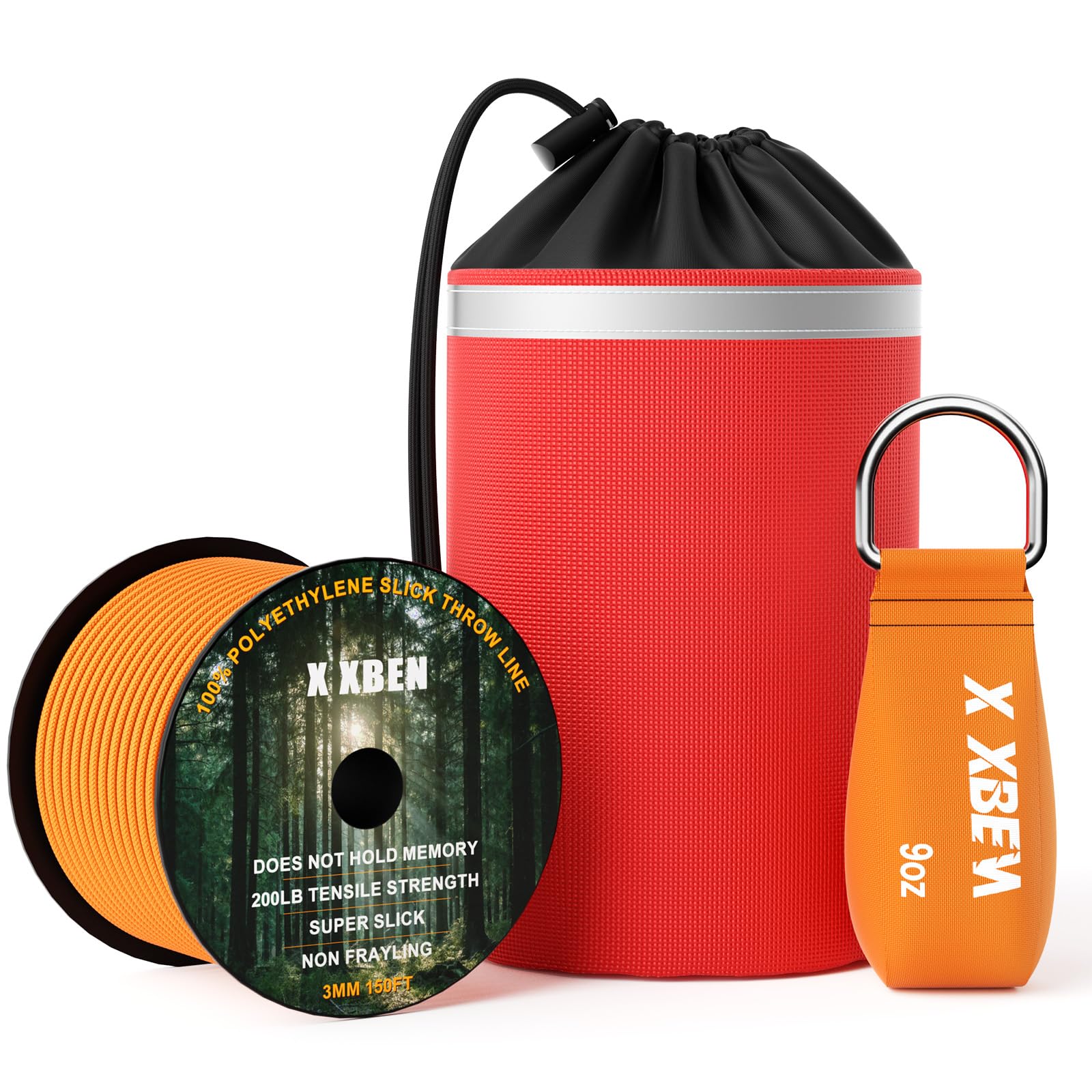 X XBEN Arborist Throw Line Kit with Slick Rope & 9 Throw Weight - 150 Polyester Rope for Tree Cutting, Trimming, Camping, High L