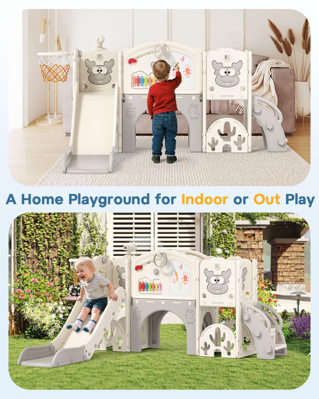 BIERUM Toddler Slide Set with Basketball Hoop, Golf Game & Drawing Board, 13-in-1 Indoor Outdoor Toddler Slides Playground for K