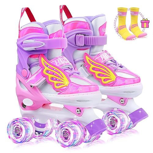 Hozzen Kids Roller Skates For Girls - Led Light Up Girl Roller Skates For Kids (9C-6Y) With Storage Bag, 4 Sizes Adjustable,Unic