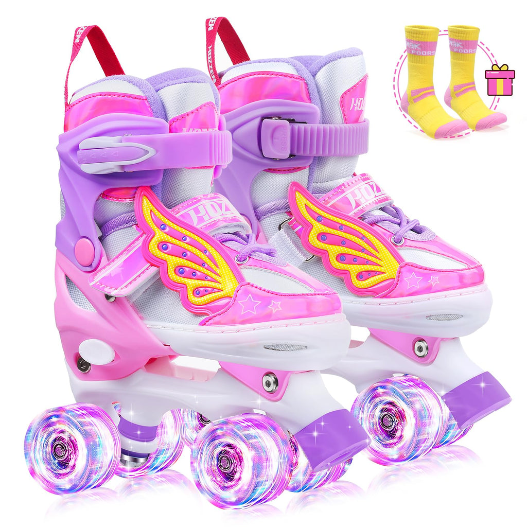 Hozzen Kids Roller Skates For Girls - Led Light Up Girl Roller Skates For Kids (9C-6Y) With Storage Bag, 4 Sizes Adjustable,Unic