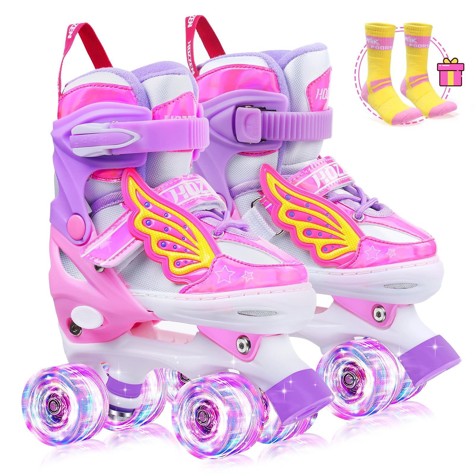 Hozzen Kids Roller Skates For Girls - Led Light Up Girl Roller Skates For Kids (9C-6Y) With Storage Bag, 4 Sizes Adjustable,Unic