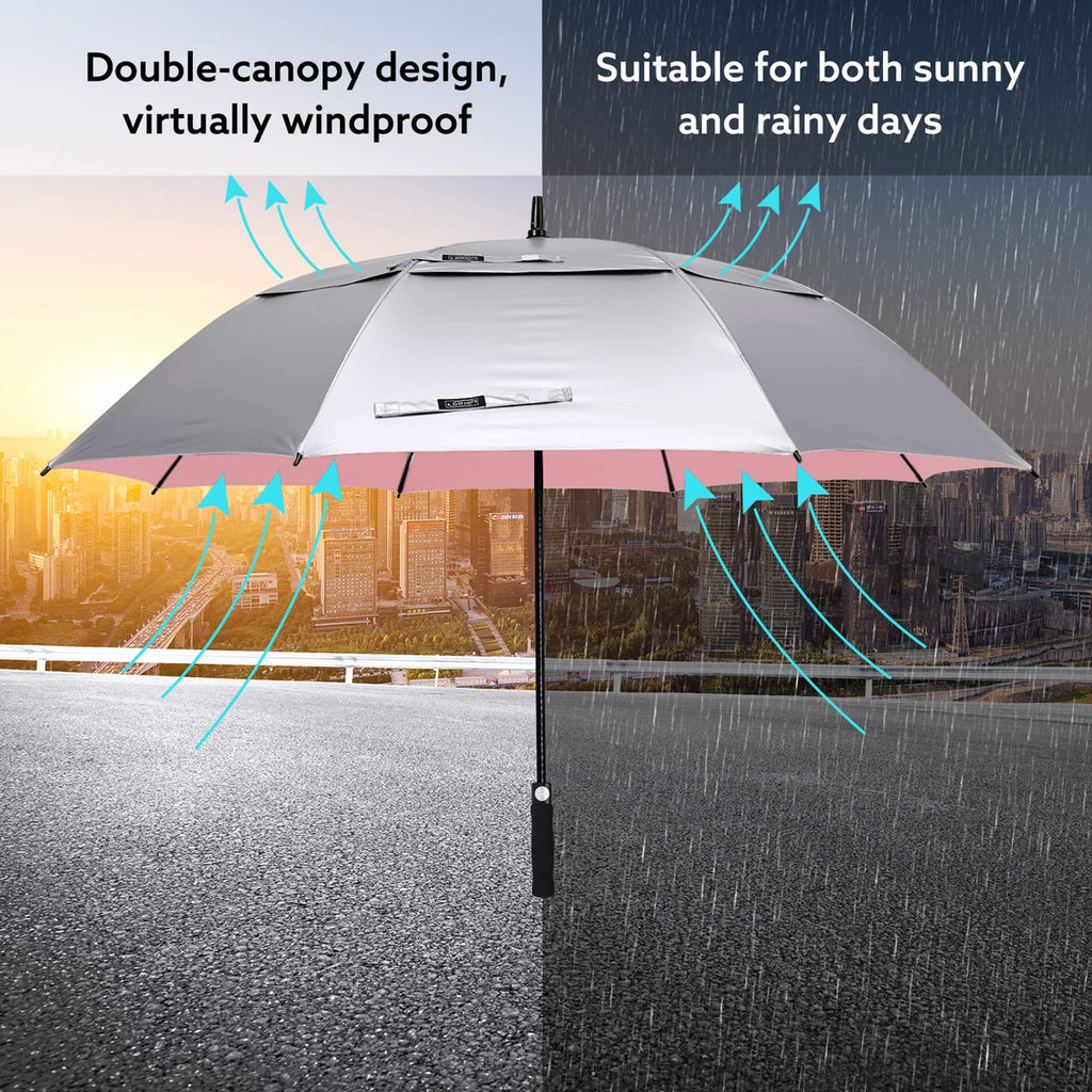G4Free 68 Inch Uv Protection Golf Umbrella Auto Open Extra Large Windproof Sun And Rain Umbrellas Double Canopy (Silver/Pink)