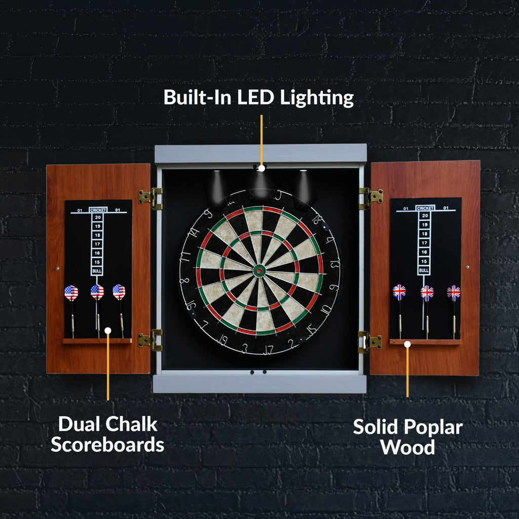 Hathaway Geneva Dartboard And Cabinet Set - Includes 18-In Dartboard, Steel-Tip Darts, Chalk Scoreboards - Perfect For Family Ga