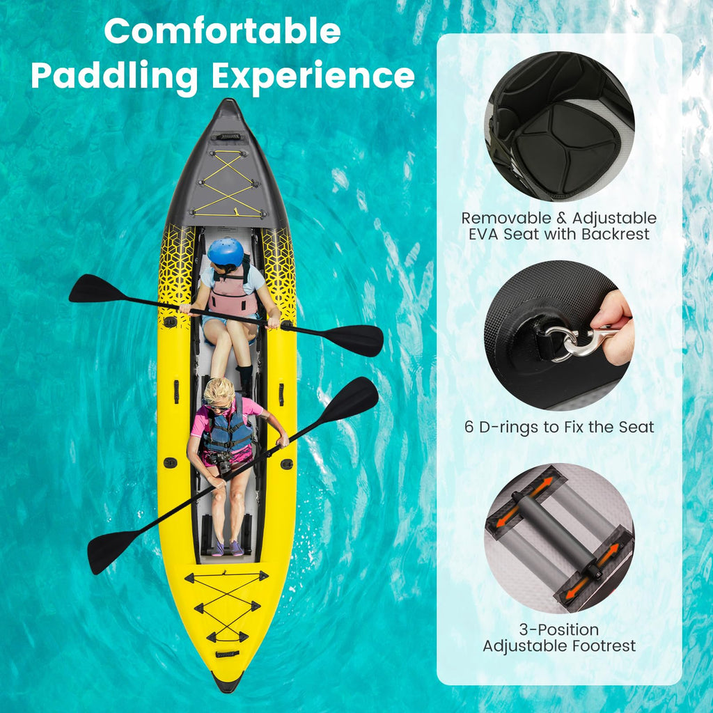 Gymax Inflatable Kayak, 12.5Ft 507Lbs Tandem Kayak With 2 Aluminum Paddles, 2 Padded Seats, 2 Fins, Hand Pump, Carry Bag & Repai