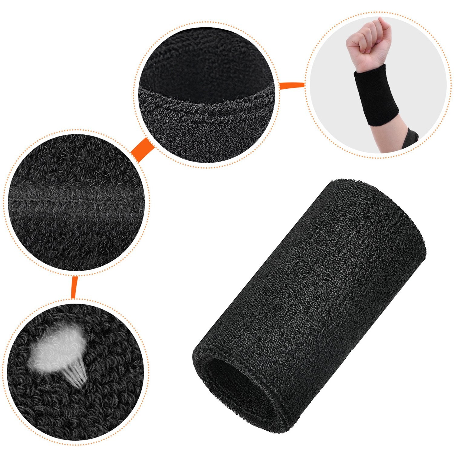 Willbond 6 Inch Wrist Sweatband Sport Wristbands Elastic Athletic Wrist Bands For Sports (Black)