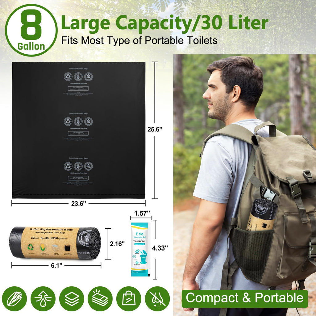 Blika 30 Count Camping Toilet Bags Eco Absorbent Gel Set, Portable Toilet Bags With Gel, 8 Gallon, 30 Liter, Heavy Duty 1 Mil, T
