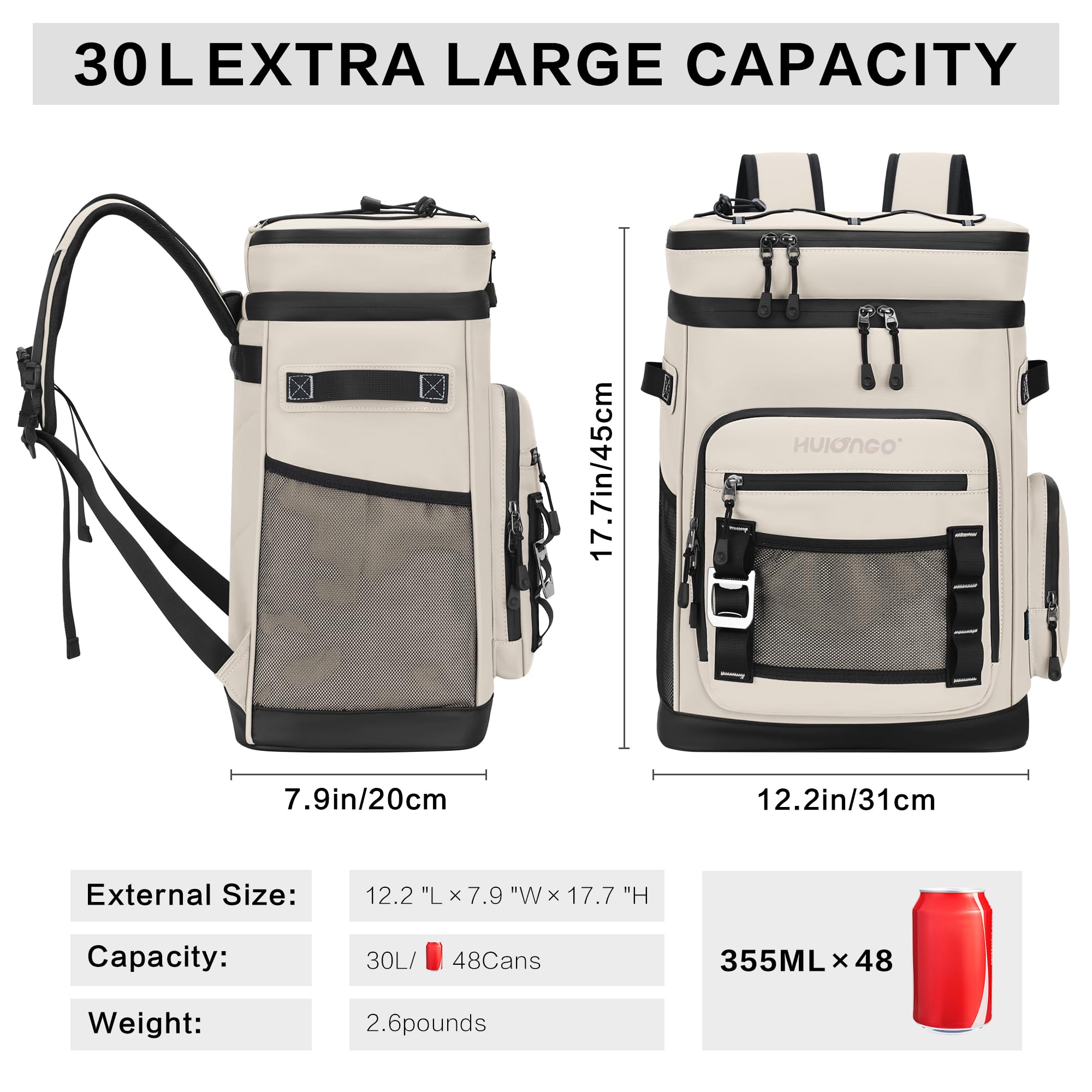 Hulongo Large Waterproof Insulated Cooler Backpack For Men & Women, Leak Proof Cooler Backpack For Camping, Beach, Fishing, Picn