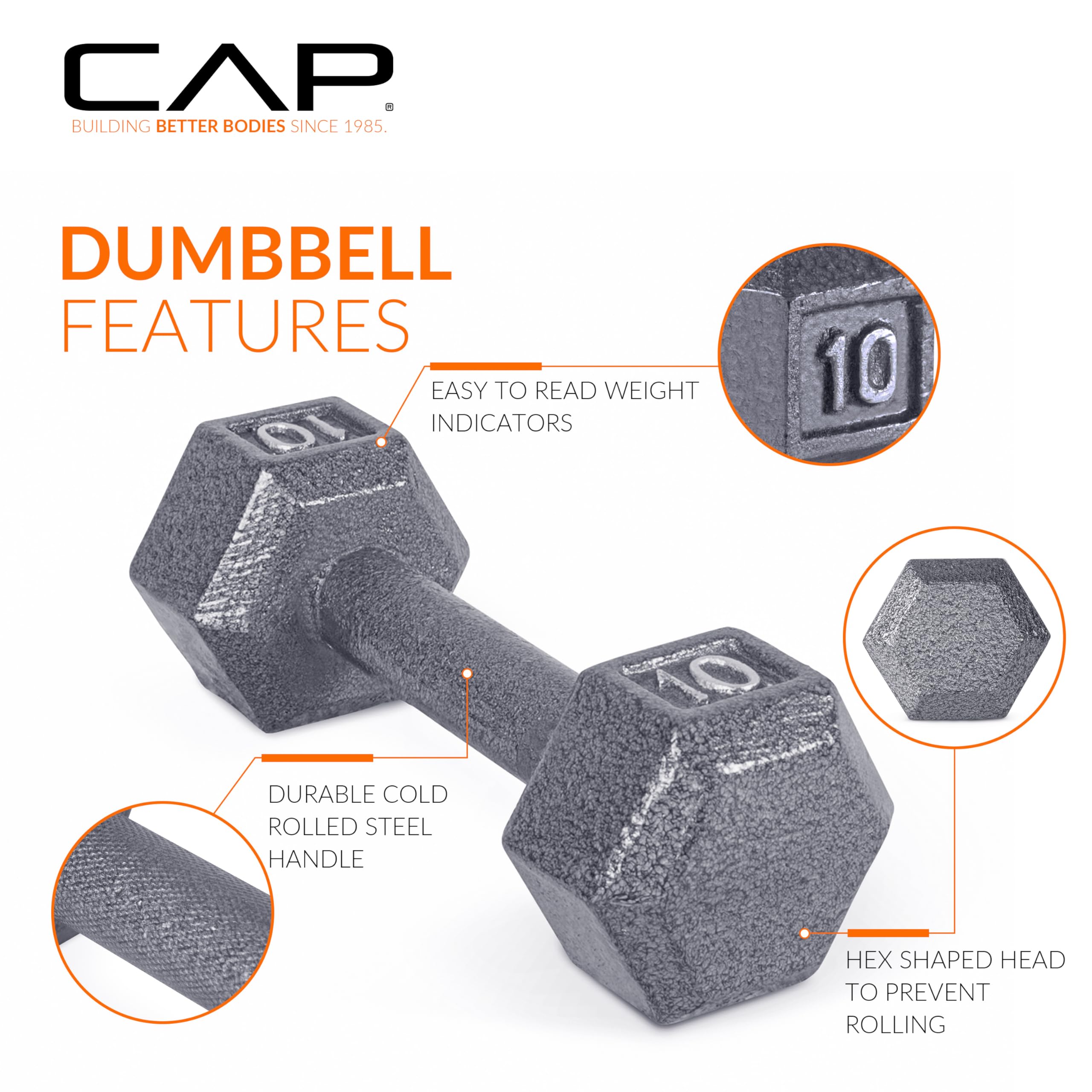 Cap Barbell Cast Iron Hex Dumbbell, Single, 12 Lb