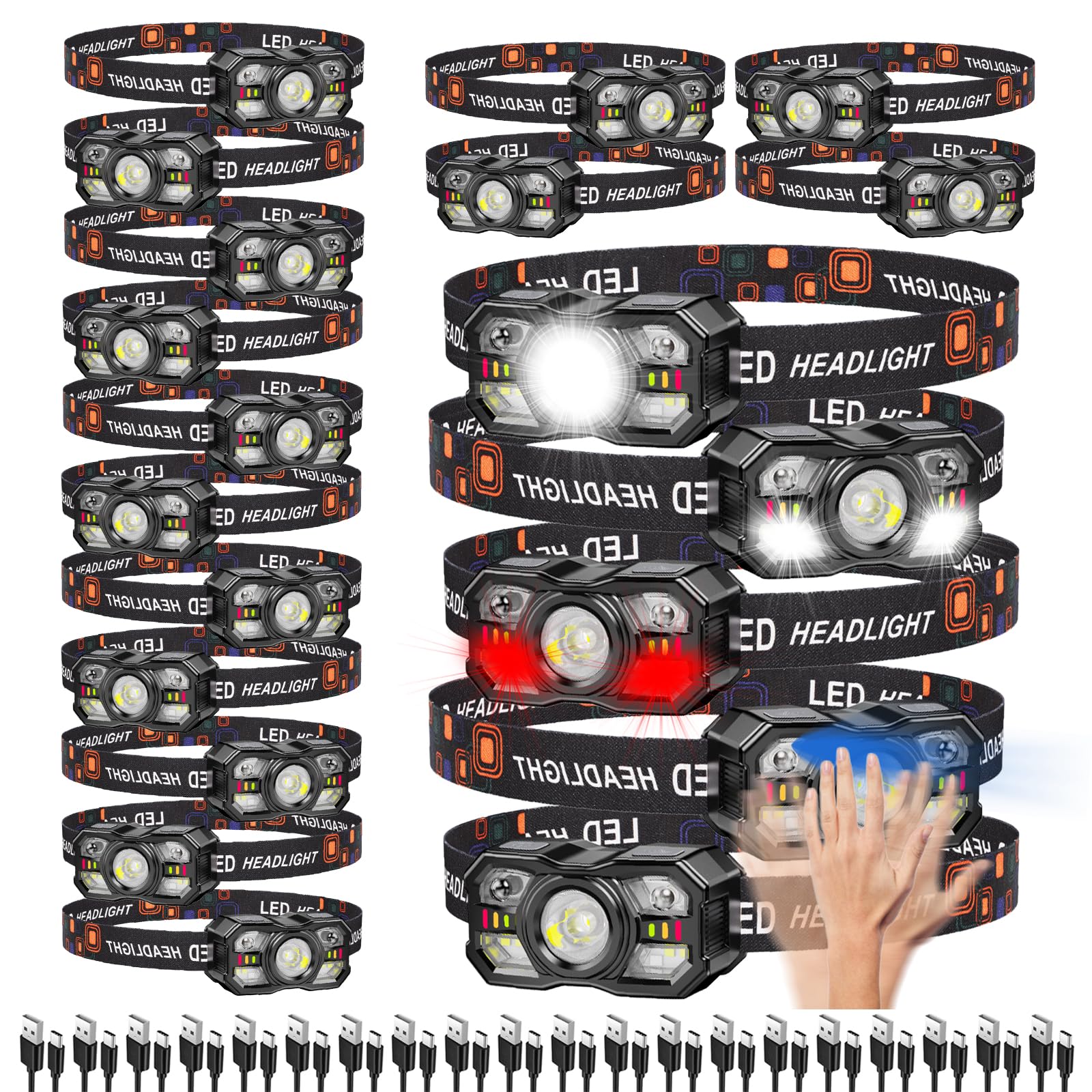 KunHe 20 Pack Headlamp Flashlight Head Lamps led Rechargeable Headlight Motion Sensor Head Lamp 10 Mode for Outdoor Camping Gear