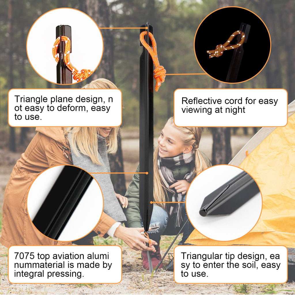 10 Pack Tent Stakes Heavy Duty, Aluminum Tent Stakes Pegs, Metal Tent Spikes, Ground Pegs With Reflective Pull Ropes, Triangular