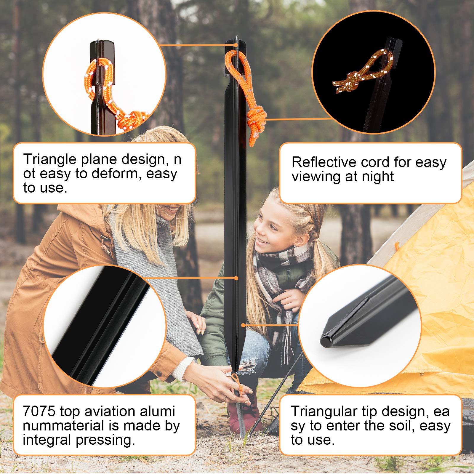10 Pack Tent Stakes Heavy Duty, Aluminum Tent Stakes Pegs, Metal Tent Spikes, Ground Pegs With Reflective Pull Ropes, Triangular