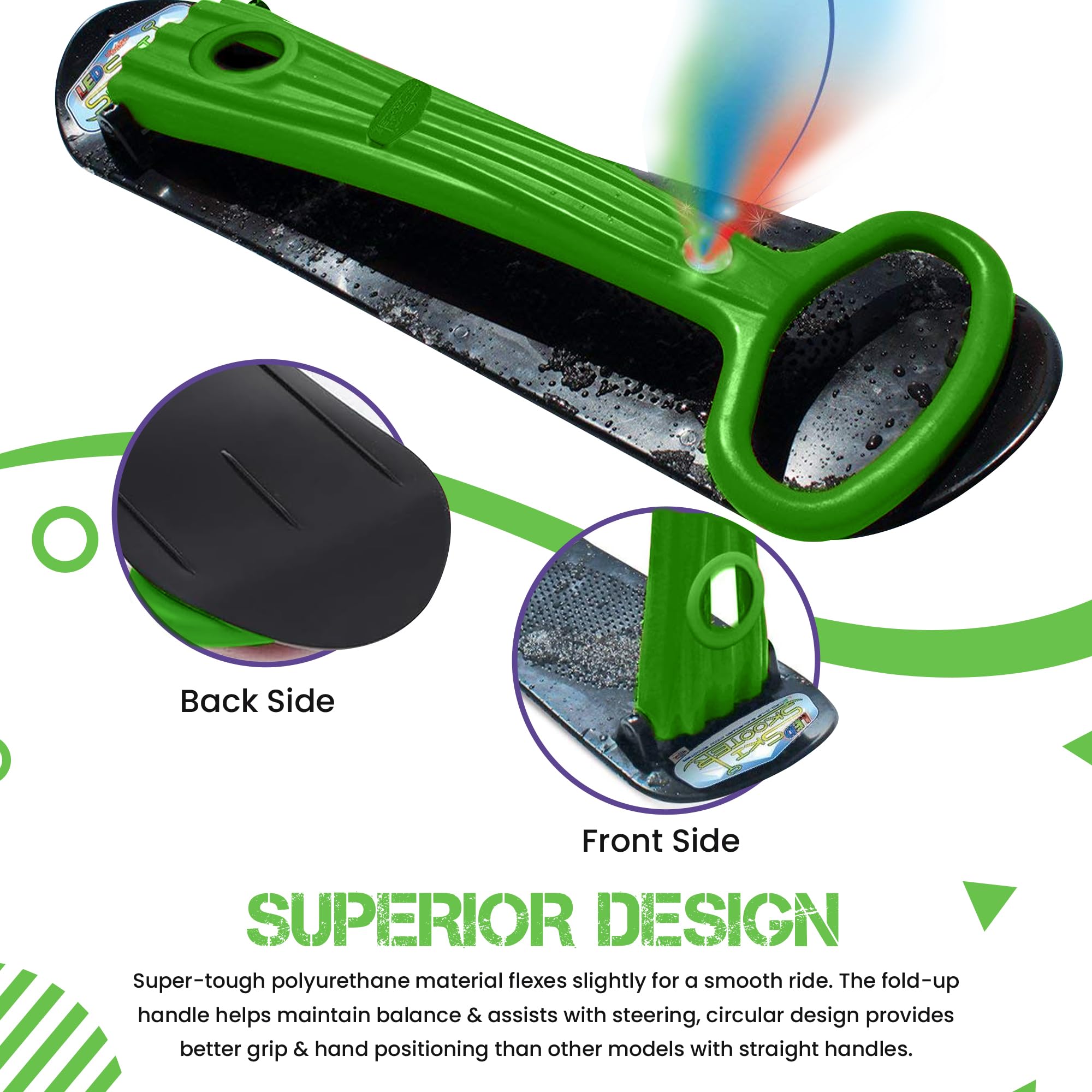 Geospace Original Winter Fun Ski Skooter Sled With Single Led Light: Fold-Up Portable Snowboard Kick-Scooter Sled For Use On Sno
