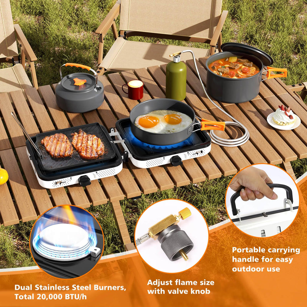 Hisencn Portable Camping Stove, 2 Burner Foldable Camp Stove, 20000 Btu Folding Gas Stove, Portable Propane Stove With Carry Bag