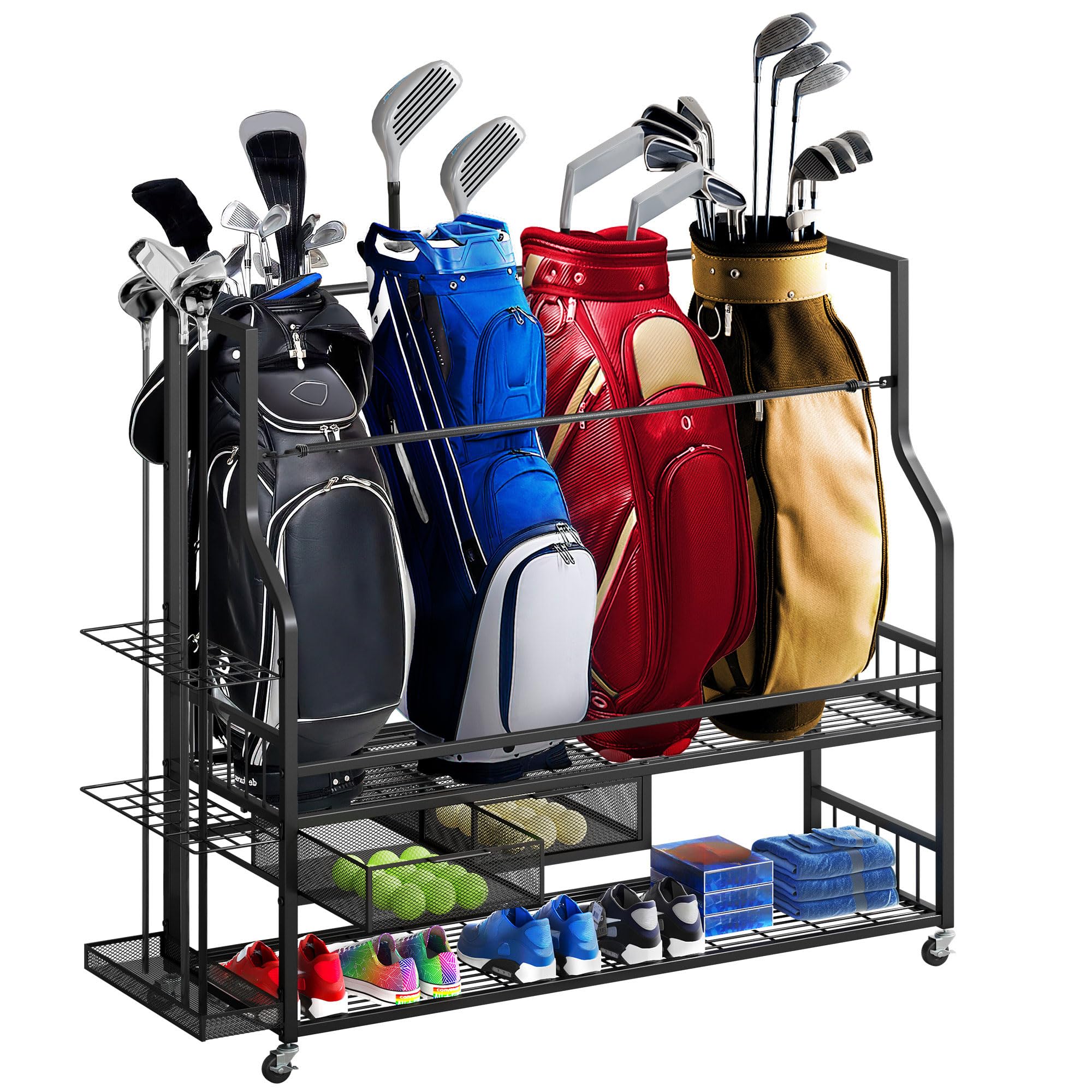 DWVO Golf Bag Organizer for Garage, Golf Storage Organizer w/Wheels for Garage Club and Shed, Golf Bag Storage Rack w/Drawer for