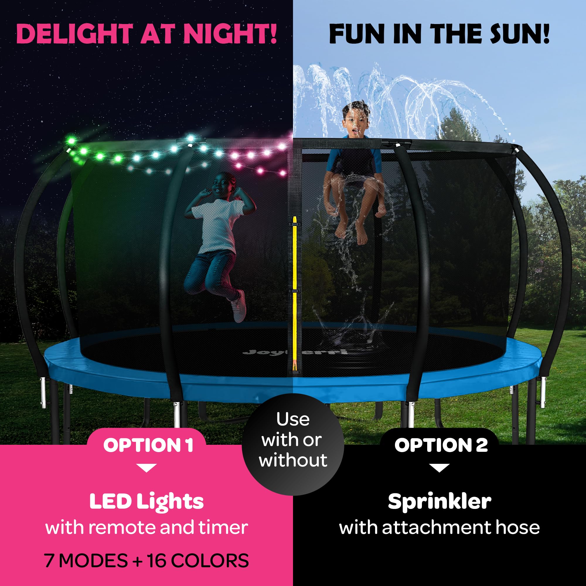 Trampoline for Kids and Adults - 8Ft 10Ft 12Ft 14FT 15ft 16ft Trampoline with Net - with Bonus Sprinkler and LED Lights/ASTM Cer