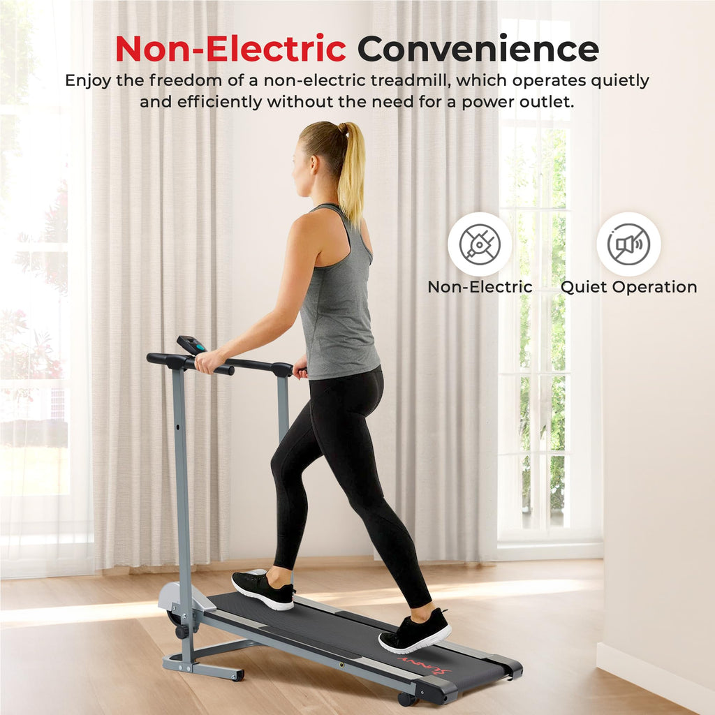 Sunny Health & Fitness Manual Walking Treadmill, Non-Electric, Foldable & Compact Design, Quiet Tread Pad, Transportation Wheels